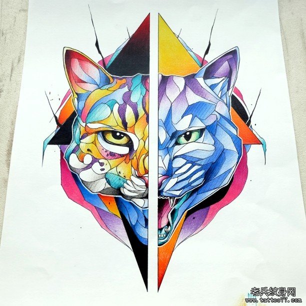 欧美彩色猫纹身图案手稿