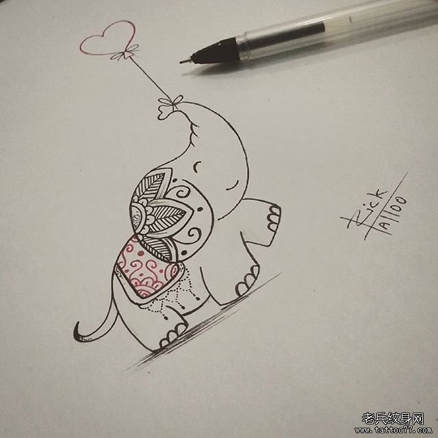小清新大象可爱纹身图案手稿