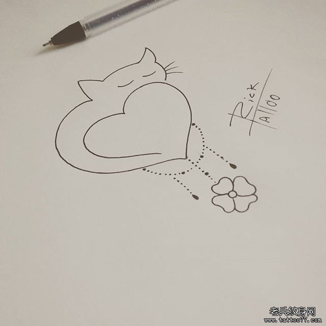 小清新线条猫爱心纹身图案手稿