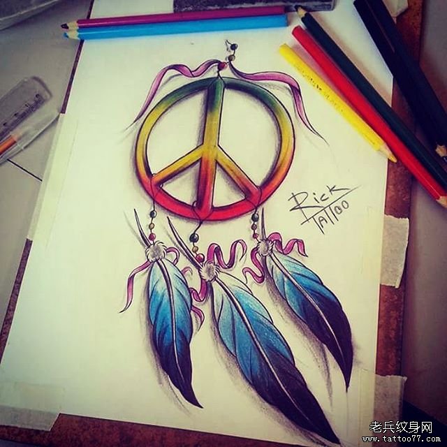 欧美彩色纹身捕梦网图案手稿