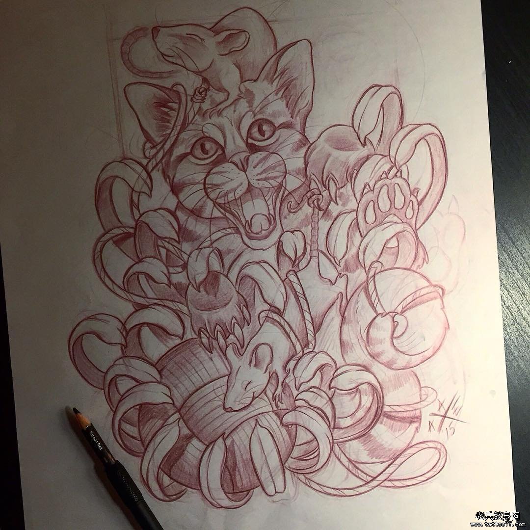 school猫菊花纹身图案手稿