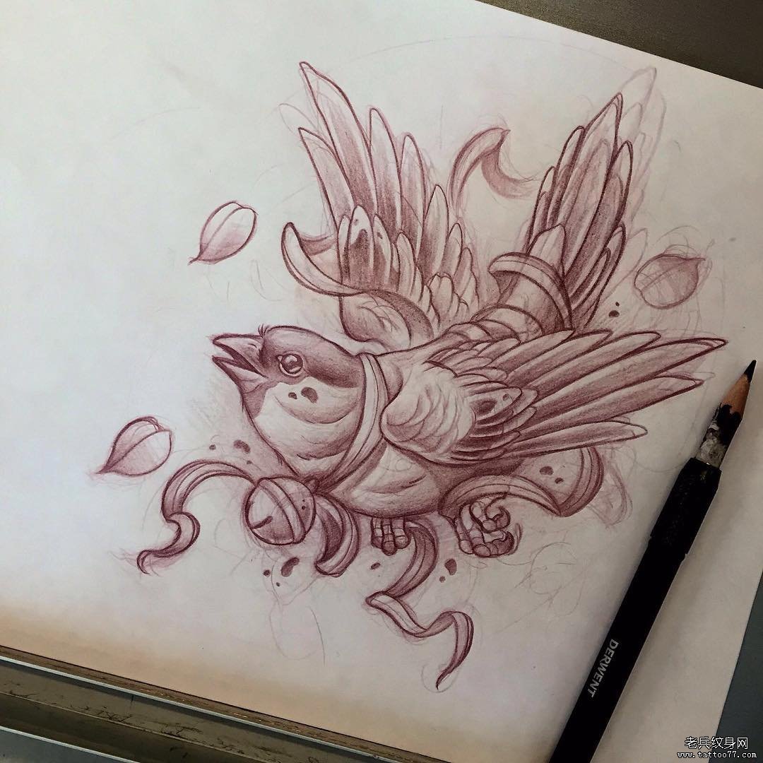 欧美school纹身鸟图案手稿