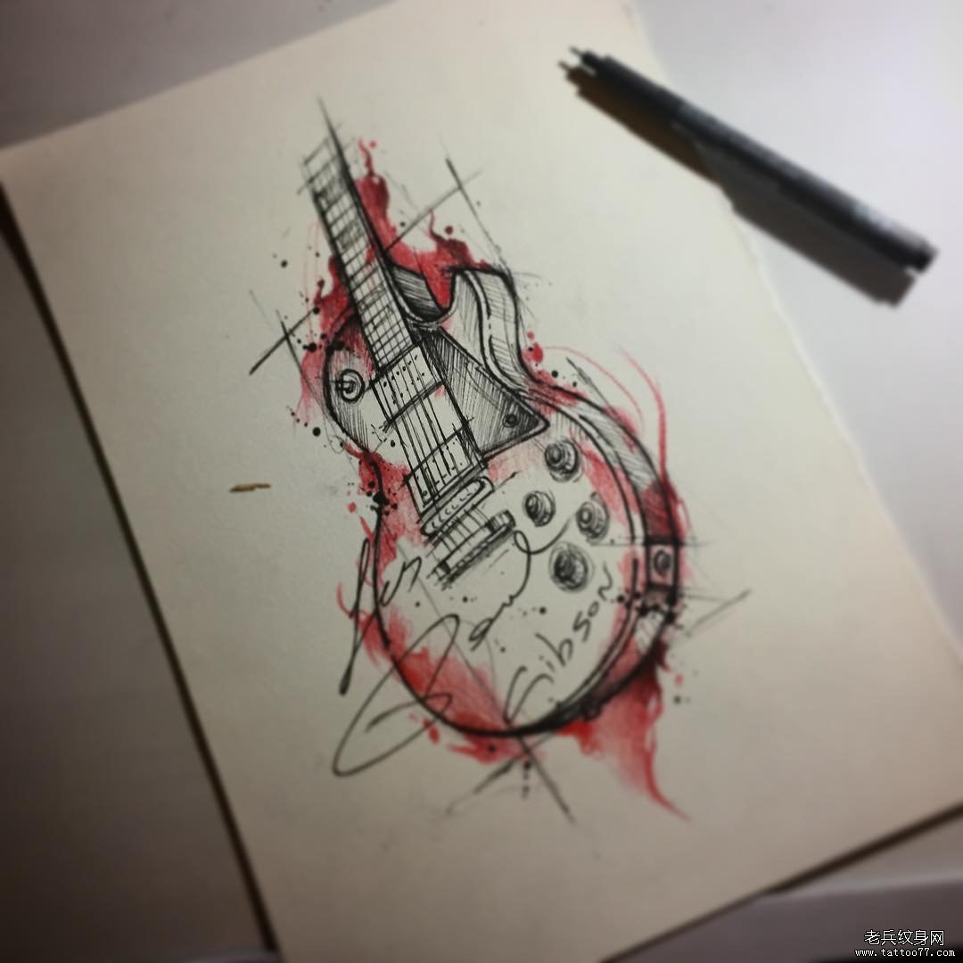 欧美吉他泼墨线条纹身图案手稿