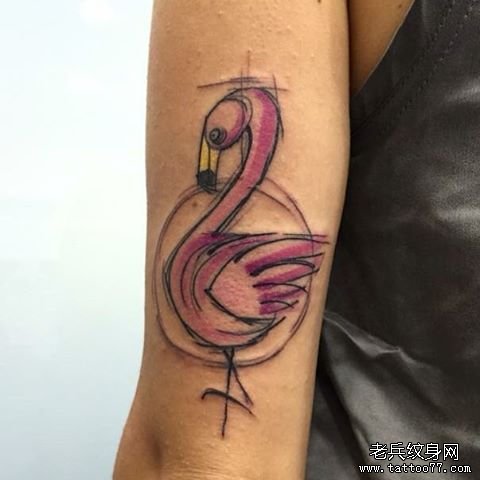 大臂火烈鸟线条欧美纹身图案