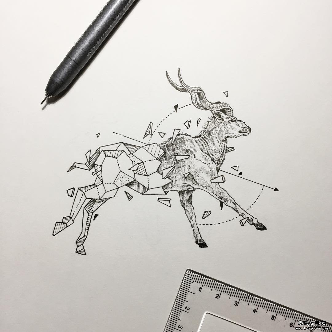 欧美几何山羊纹身图案手稿