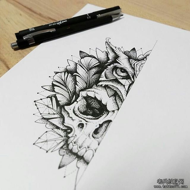 点刺欧美猫头鹰骷髅纹身图案手稿