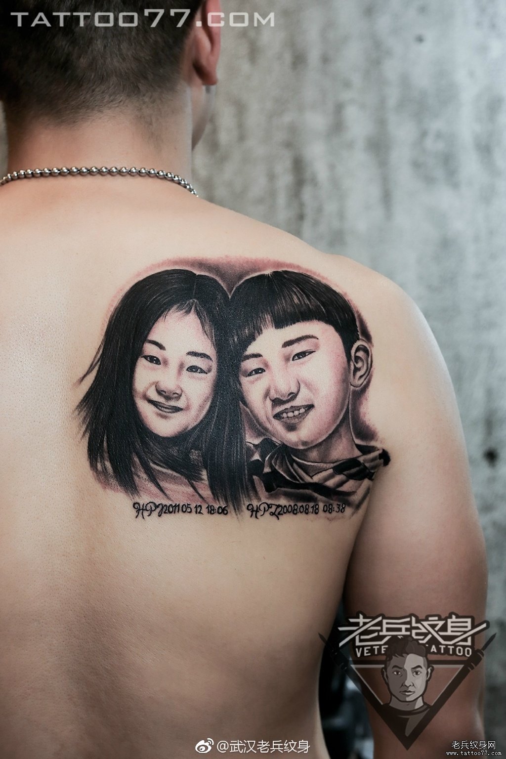 武汉纹身师兵哥打造后背小孩肖像字母纹身图案作品