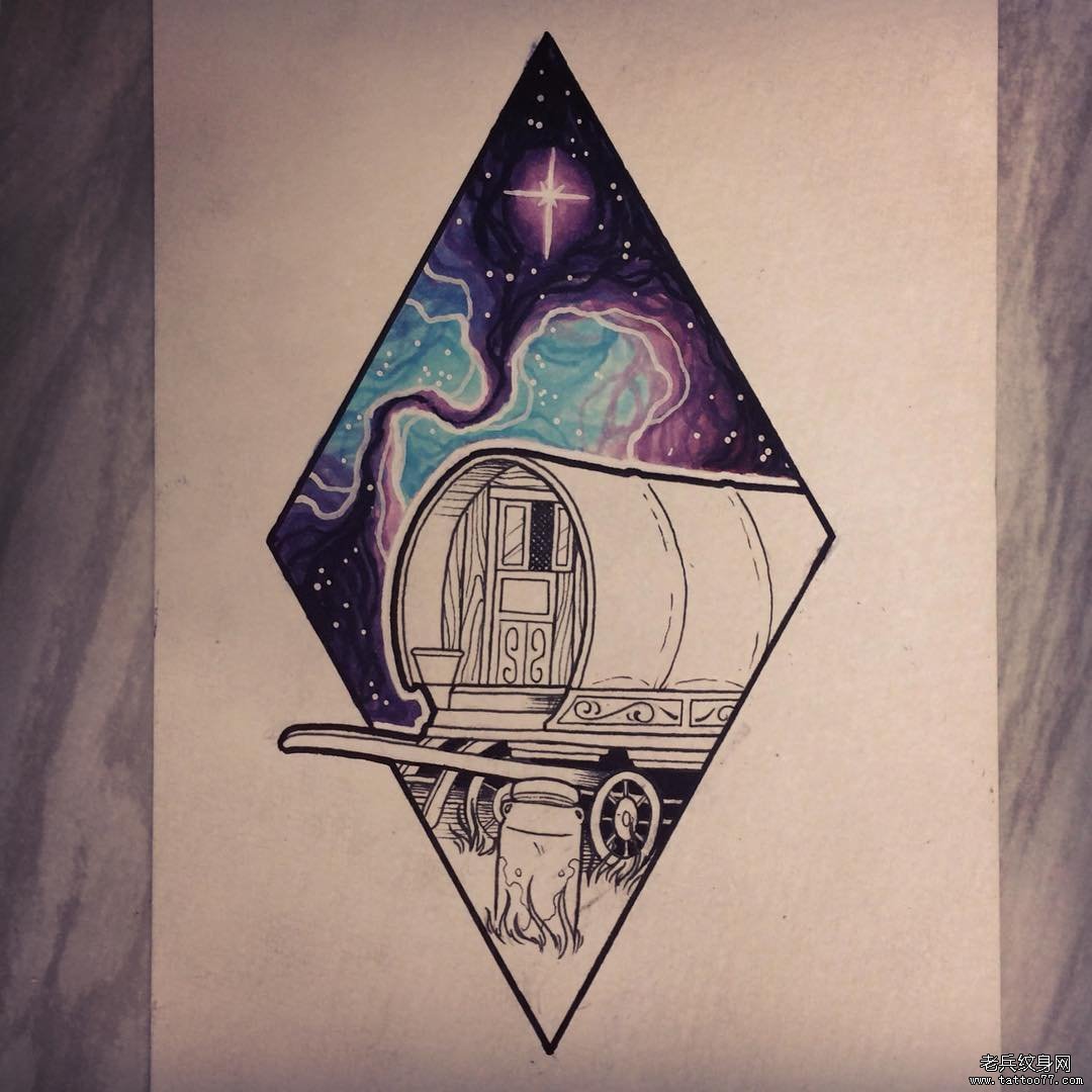 欧美星空火车纹身图案手稿