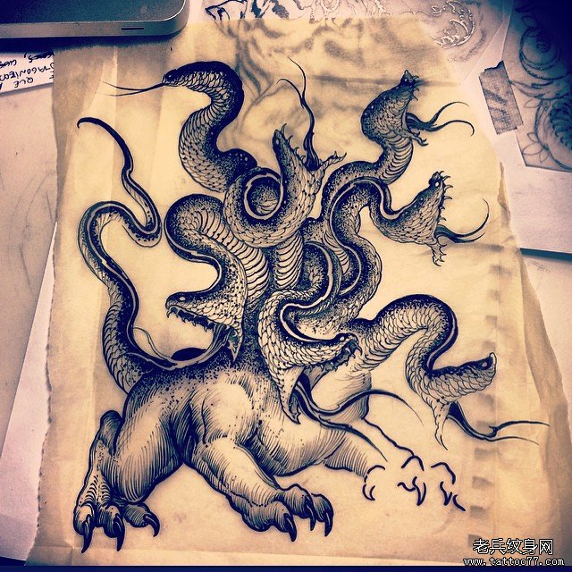 欧美蛇神兽纹身图案手稿