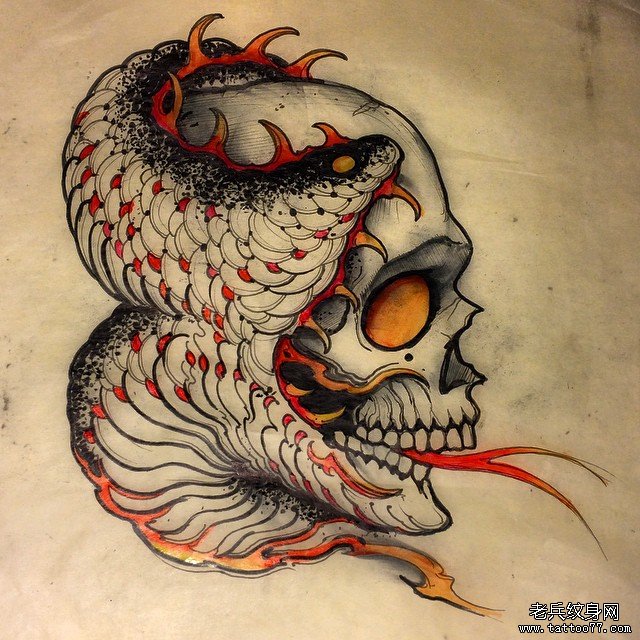 欧美纹身骷髅蛇图案手稿