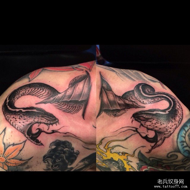 欧美肩部蛇黑灰纹身图案