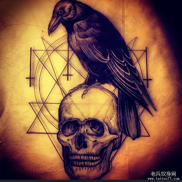 欧美乌鸦骷髅黑灰纹身图案手稿
