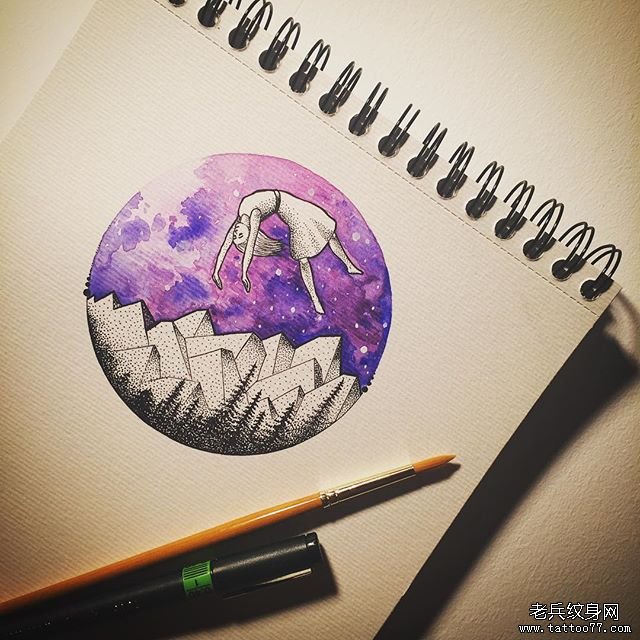 欧美树风景泼墨人物图案手稿
