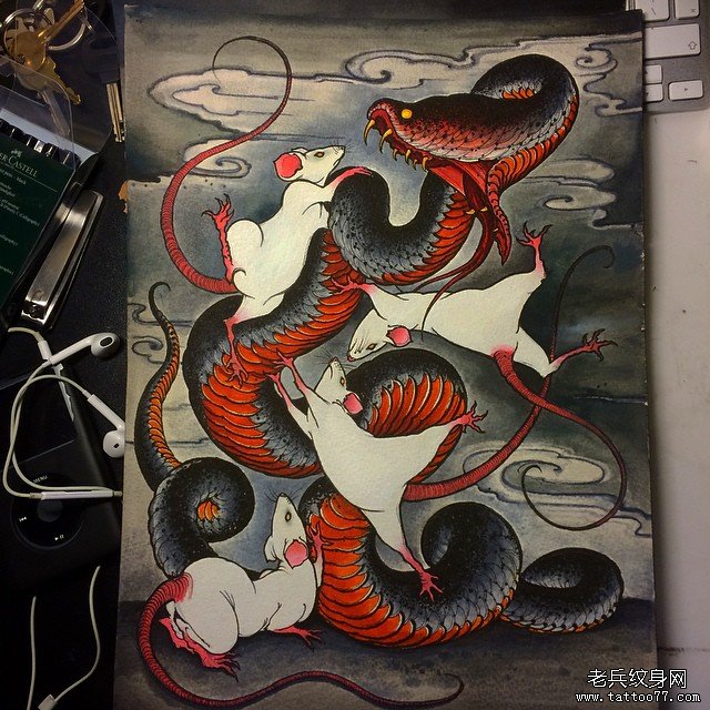 欧美蛇老鼠纹身图案手稿