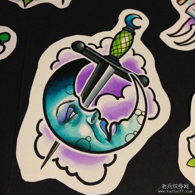 school月亮欧美彩色纹身图案手稿