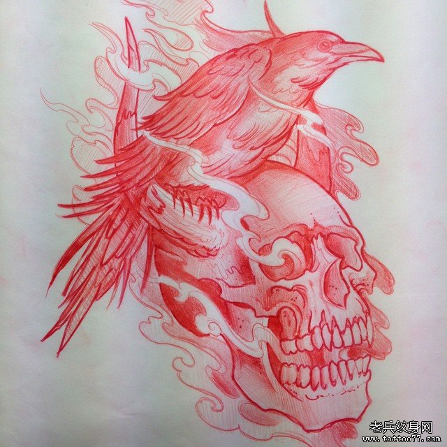 欧美骷髅纹身乌鸦图案手稿