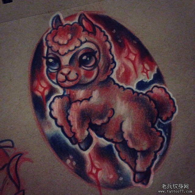 欧美小清新绵羊彩色纹身图案手稿