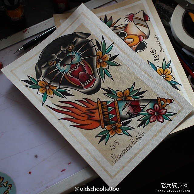 old school 黑豹 火炬纹身图案手稿