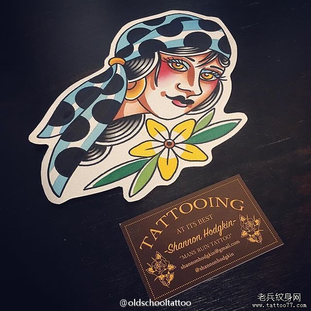 old school 女郎彩色纹身图案手稿