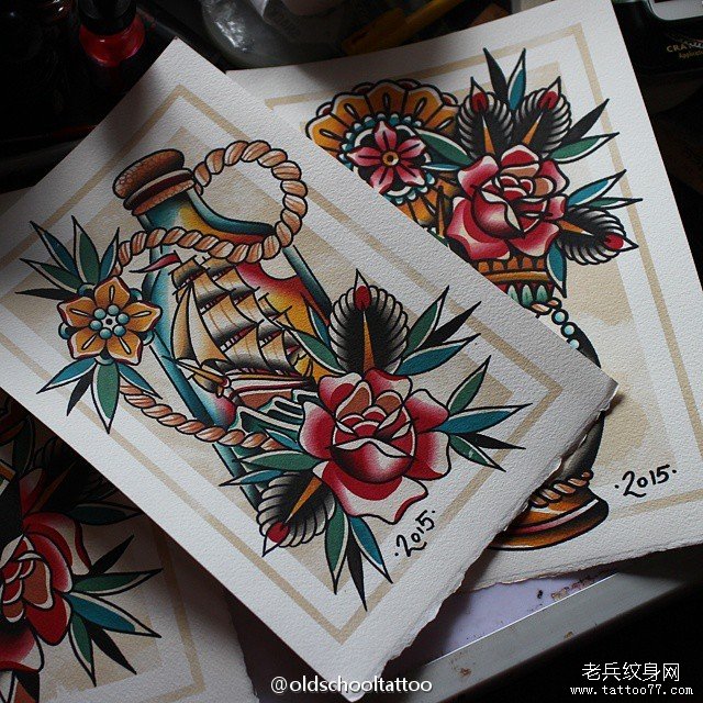 old school 彩色欧美水瓶玫瑰纹身图案手稿