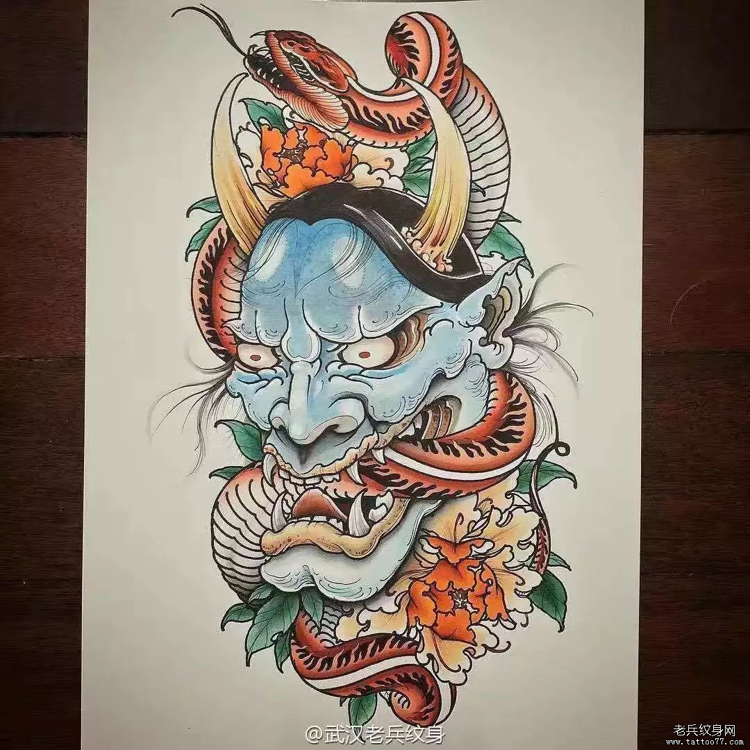 传统般若蛇彩色牡丹纹身图案手稿
