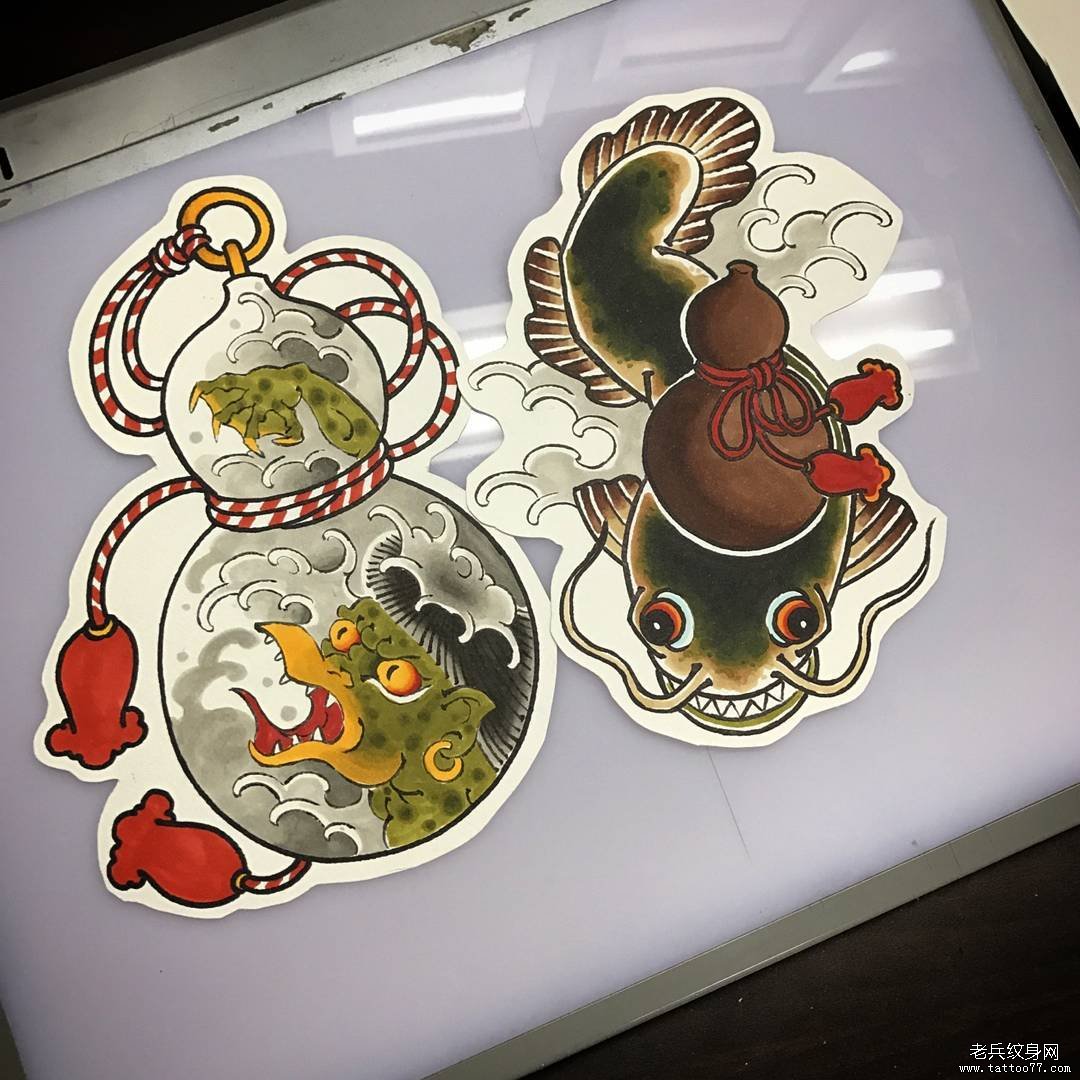 传统葫芦鲶鱼老传统纹身图案手稿