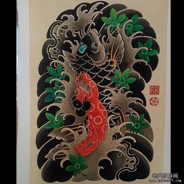 老传统纹身鲤鱼图案手稿