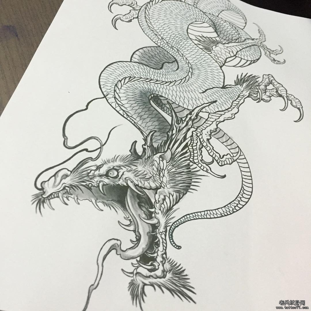 欧美龙传统纹身图案线稿