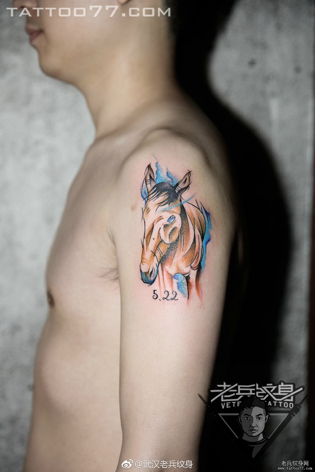 大臂水彩马纹身图案作品