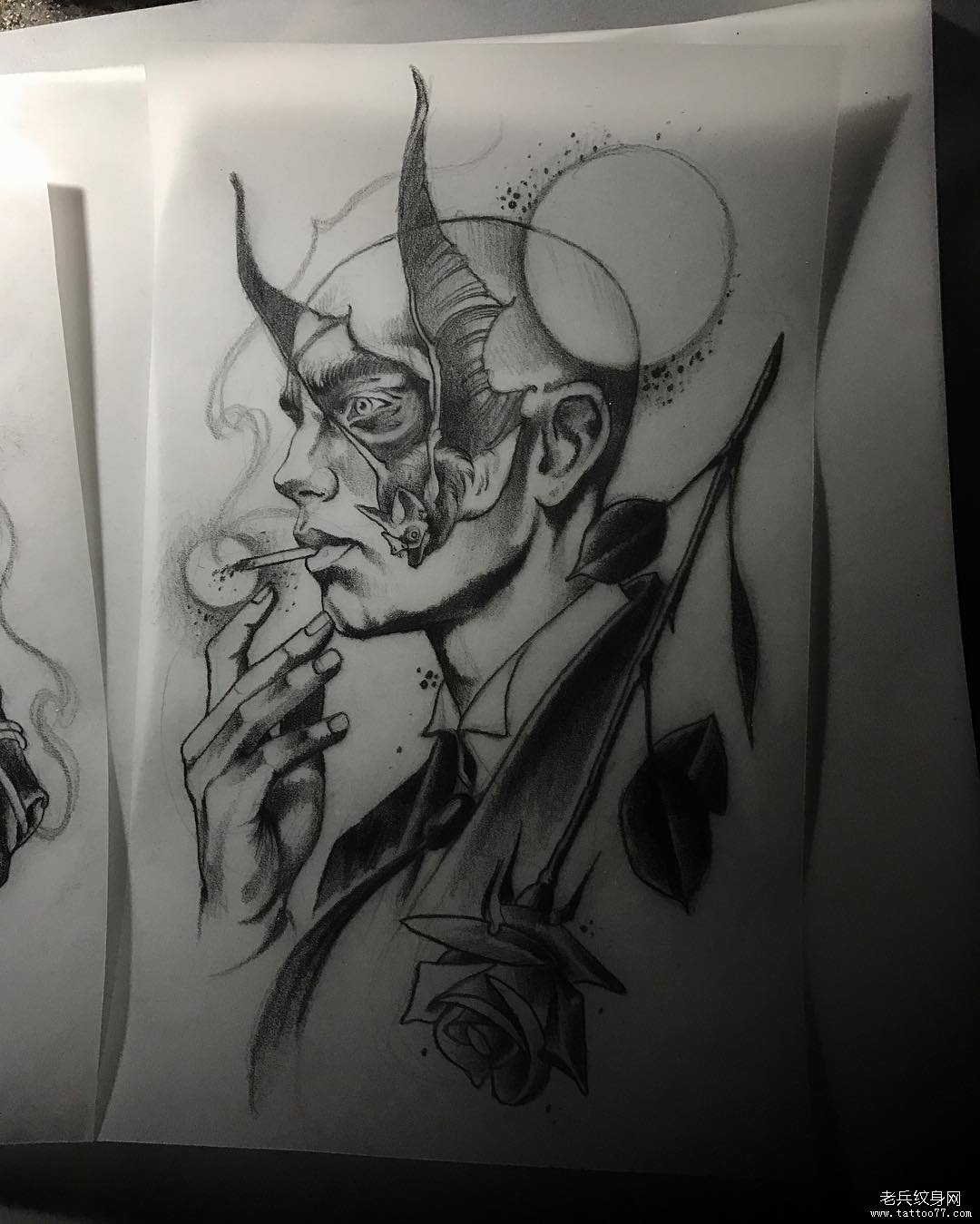 欧美男头暗黑系蝙蝠玫瑰纹身图案