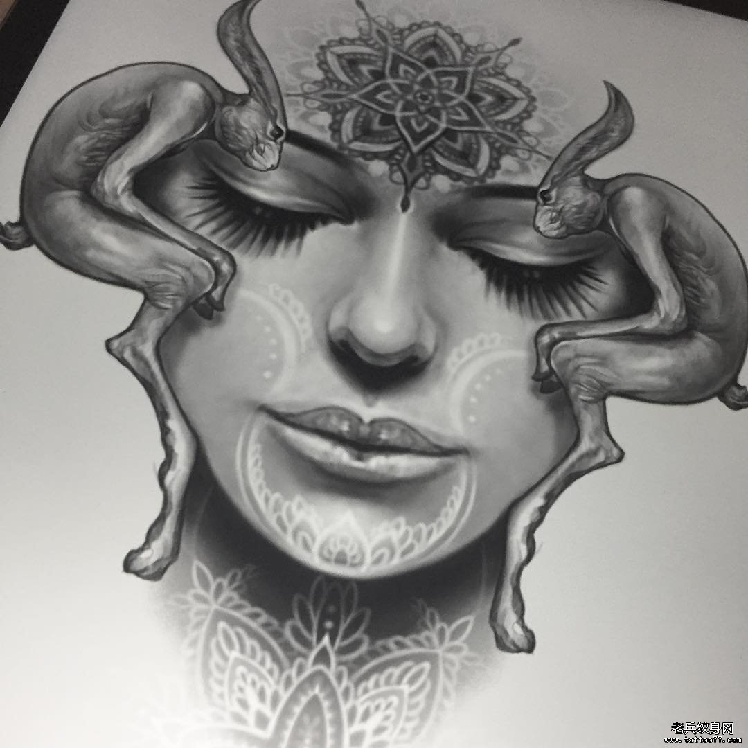 欧美女郎梵花黑灰纹身图案手稿