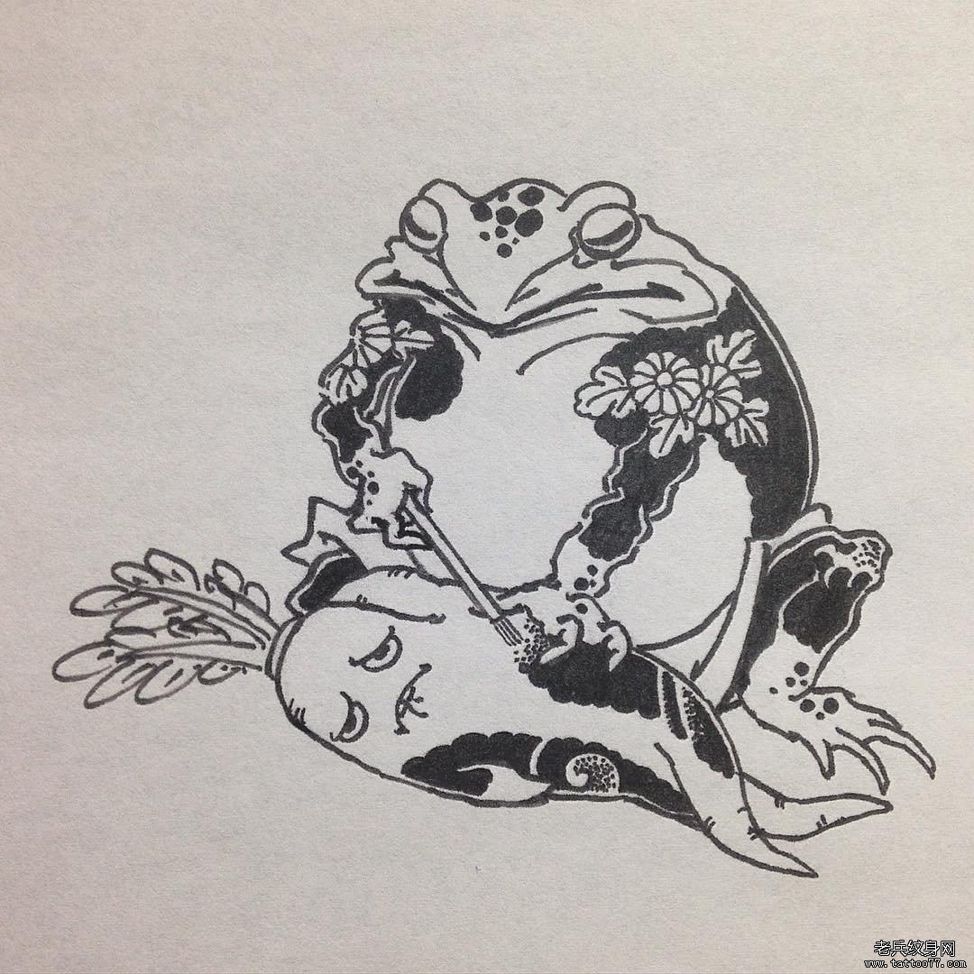 日式传统青蛙萝卜纹身图案手稿