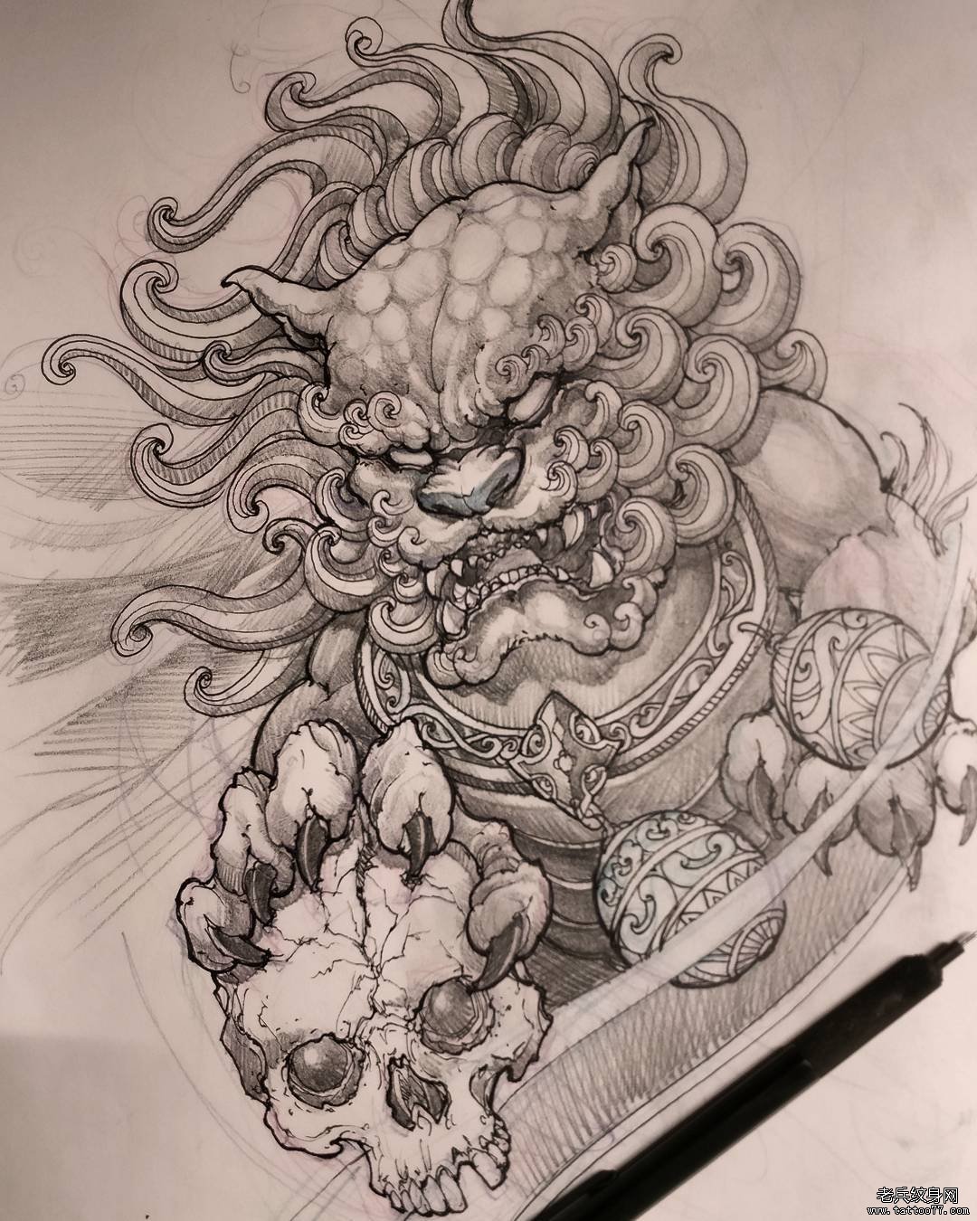 传统纹身图案唐狮手稿
