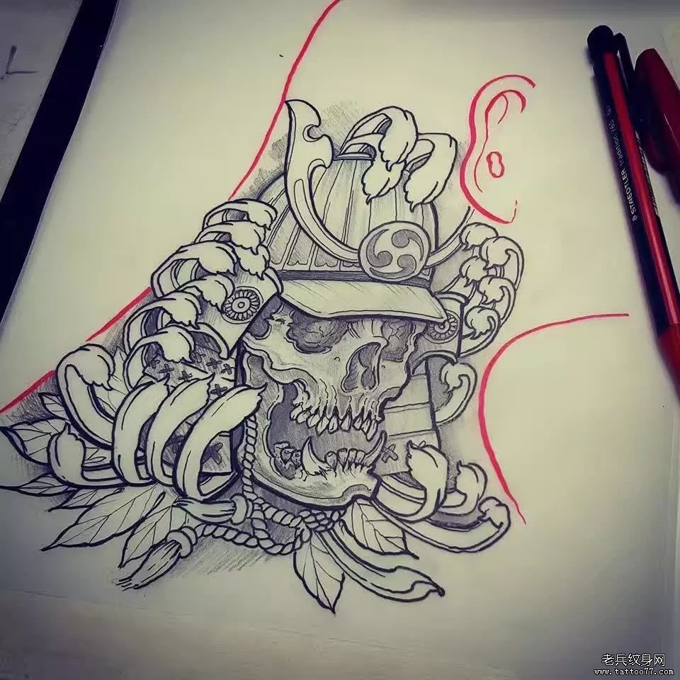 黑灰传统菊花武士纹身图案手稿