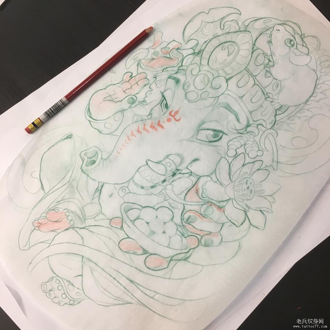 象神纹身图案手稿