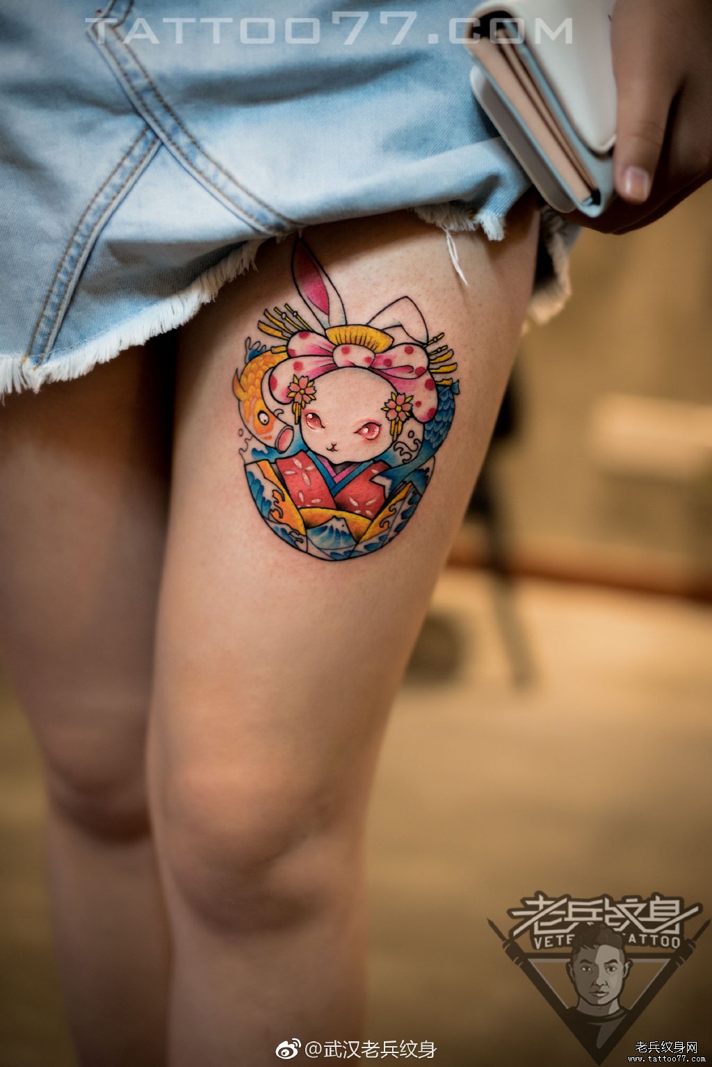 大腿日本兔子纹身图案作品