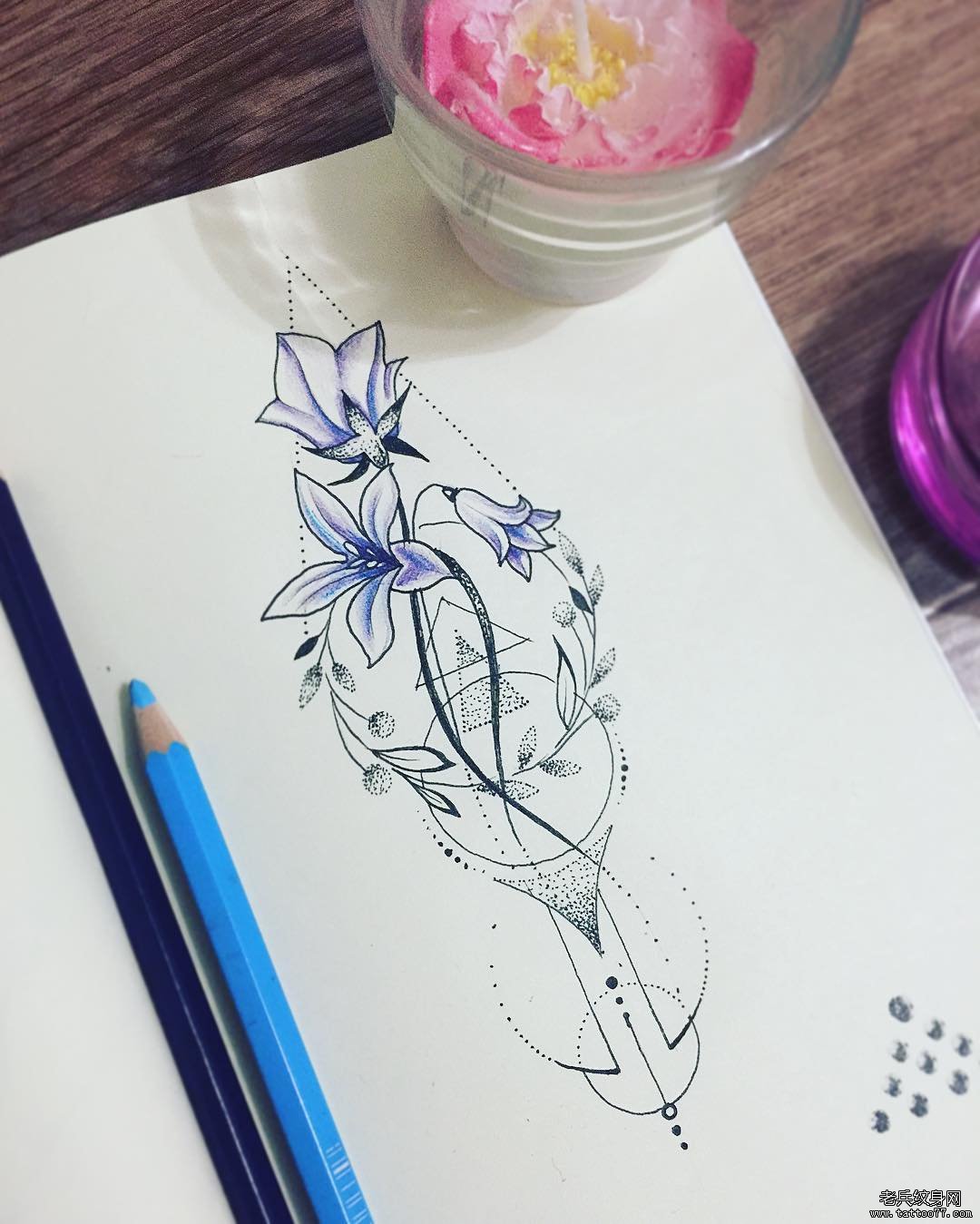 几何点刺花卉欧美纹身图案手稿