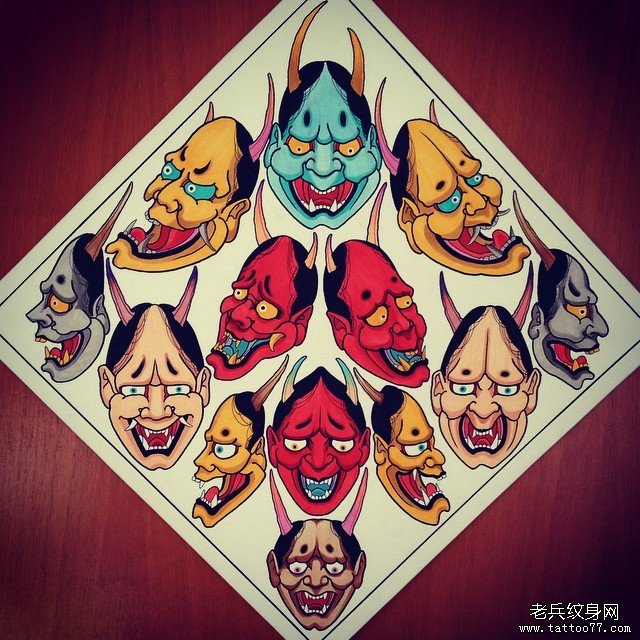 彩色传统般若纹身图案手稿