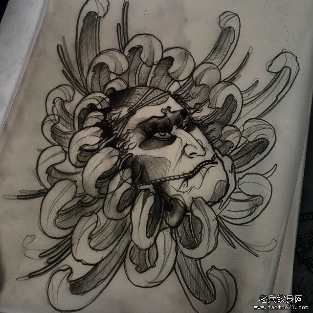 传统生首菊花黑灰纹身图案手稿