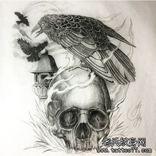 乌鸦黑灰骷髅欧美纹身图案手稿