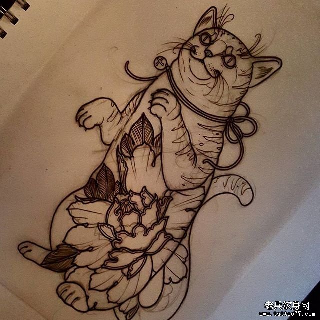 传统牡丹猫纹身图案线稿