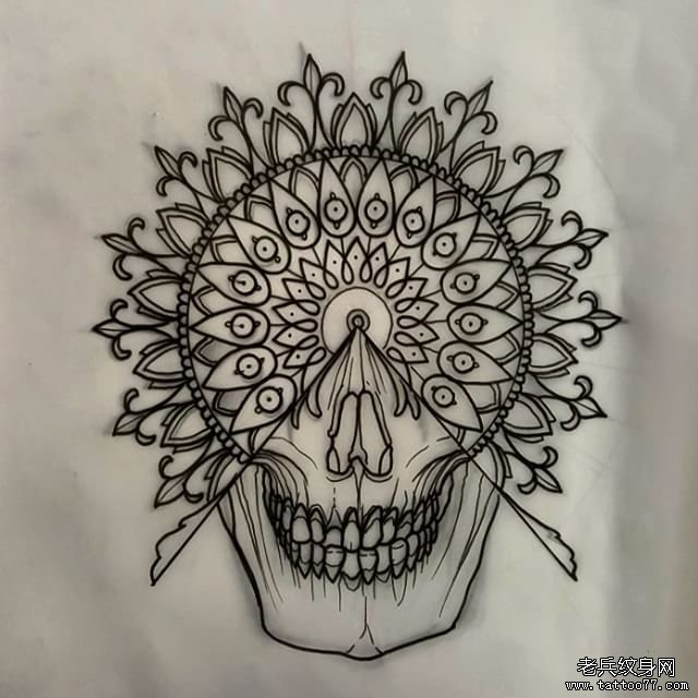 欧美梵花骷髅纹身图案线稿