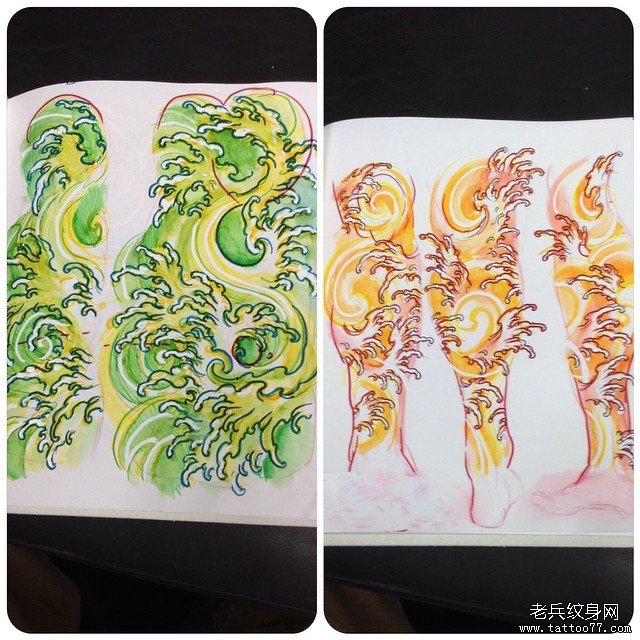 传统浪花纹身图案手稿