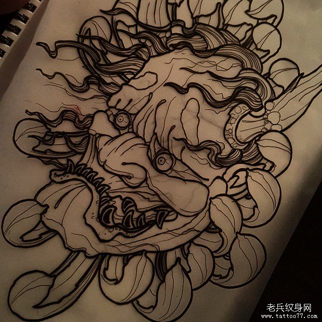 传统般若菊花纹身图案线稿