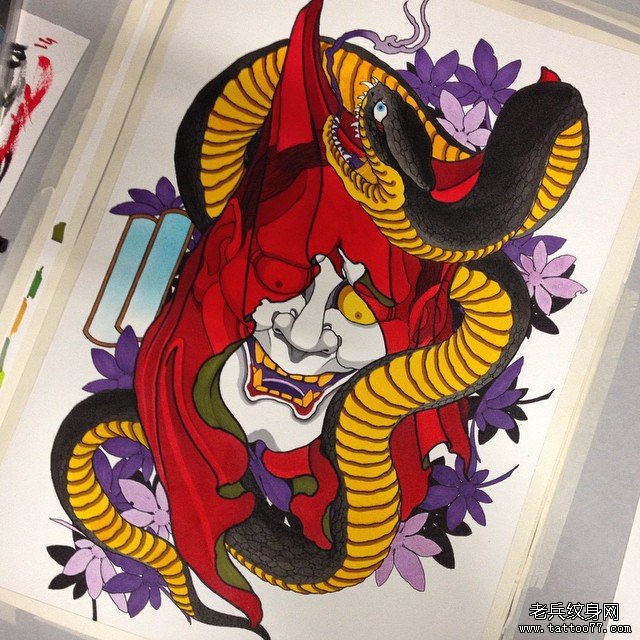 传统般若彩色纹身蛇图案手稿