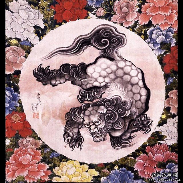 传统纹身图案唐狮手稿