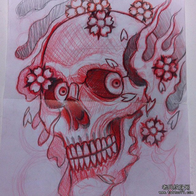 传统骷髅纹身图案樱花手稿