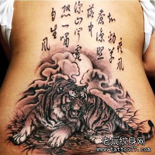 背部黑灰老虎纹身图案