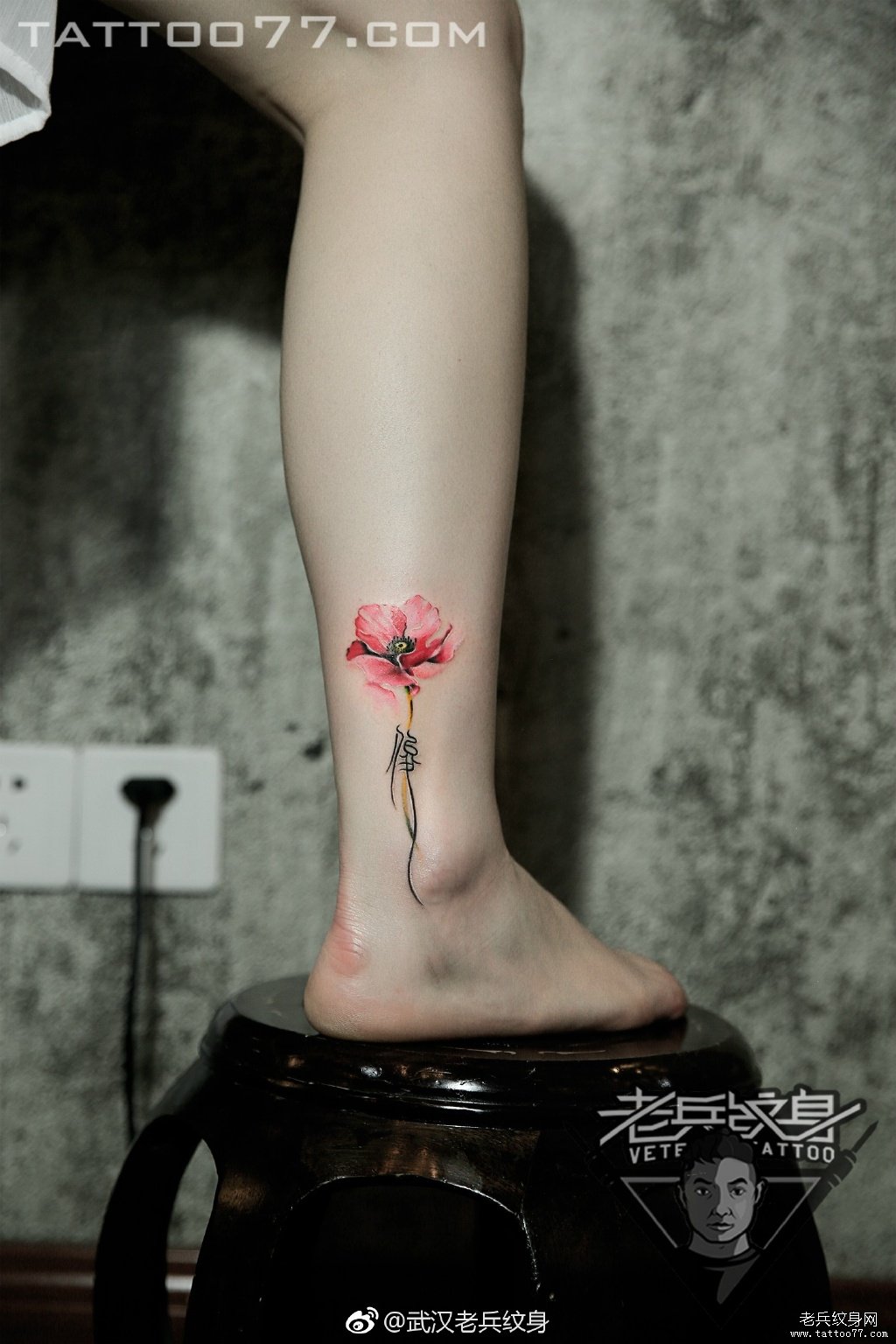 脚踝罂粟花纹身图案作品