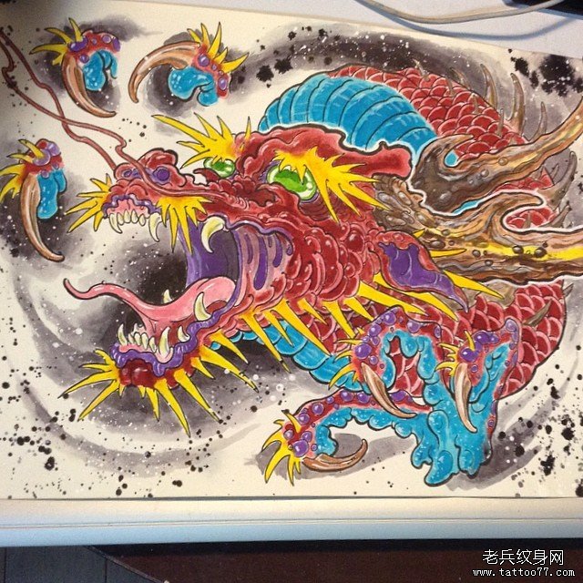彩色传统纹身龙图案手稿